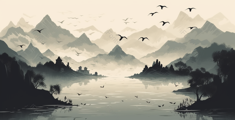 恬淡安逸新中式蓝色水墨意境山水画,插画/手绘图,插画/手绘图库,插画/手绘图下载,插画/手绘